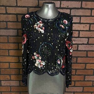 Beaded Silk  Black Floral Women's Top